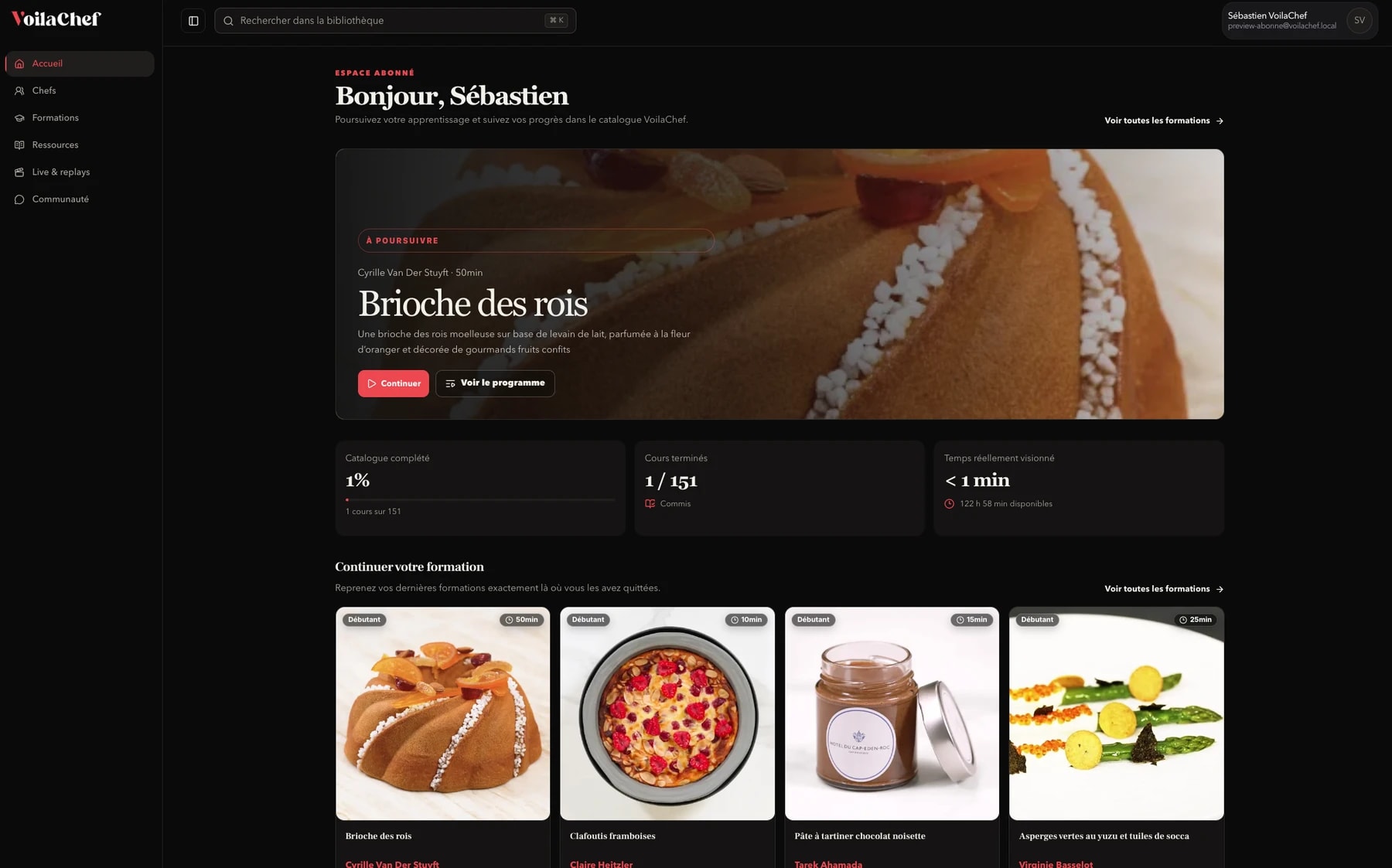 The VoilaChef member area: courses, progress and training to continue