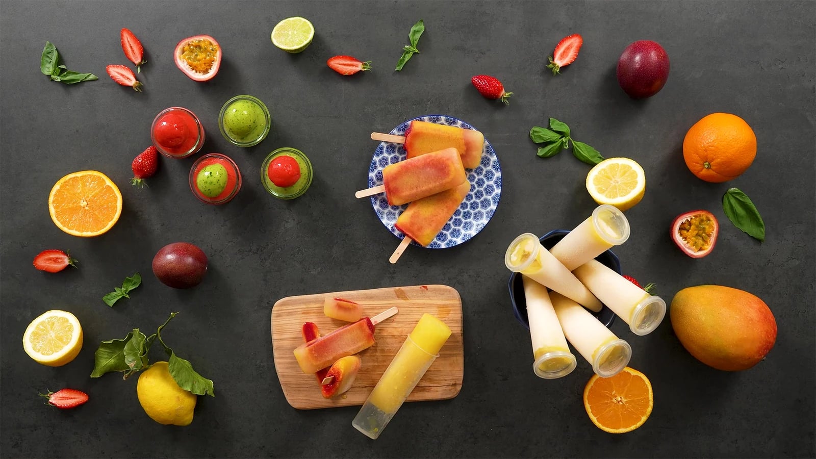 An assortment of ice creams and fruit sorbets